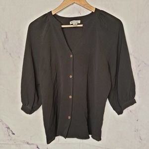 MONTEAU Black Button Down 3/4 Sleeve Blouse L